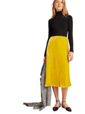 Anthropologie Maeve Womens Kelly Pull On Midi Skirt Yellow Crushed Velvet L